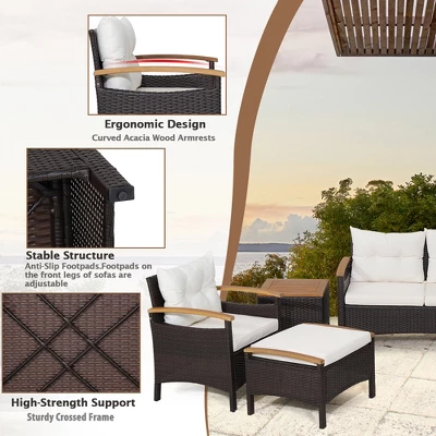 Costway 5PCS Patio Rattan Furniture Set Sofa Ottoman Cushioned Table W/Wood Top 8 Costway 5PCS Patio Rattan Furniture Set Sofa Ottoman Cushioned Table W/Wood Top - Image 6