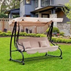 Outsunny 3 Seat Outdoor Free Standing Swing Bench Porch Swing With Stand, Comfortable Cushioned Fabric & Included Canopy