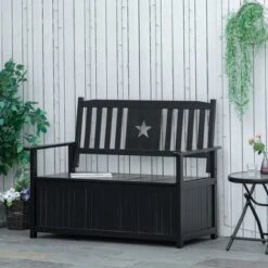 Outsunny Outdoor Wooden Storage Bench Deck Box, Wood Patio Furniture, 43 Gallon Pool Storage Bin Container With Cloth, Backrest, Armrests, Star, Black