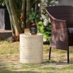 LuxenHome Beige And Brown MgO 13.6" Round Side Table For Indoor And Outdoor -Outdoor Furniture Store GUEST 26b6c021 b6a8 44ee bfde 326ed3fd4d2d