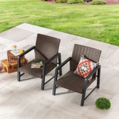 Patio Festival 2pc Outdoor Wicker Chairs With Soft Cushion Quick-Drying Cotton Built-in Under Seat