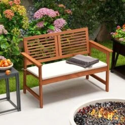 Costway Patio Bench Outdoor Solid Wood Loveseat Chair With Backrest & Cushion Porch Garden -Outdoor Furniture Store GUEST 3b8e00c2 1a47 448f a378 14b89ea7f583