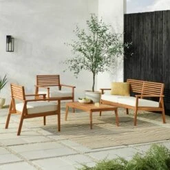 New Arrival 11 Saracina Home 4pc Mid-Century Modern Slatted Acacia Outdoor Patio Conversation Furniture Set