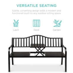 Best Choice Products Outdoor Garden Steel Patio Porch Bench With Pullout Middle Table W/ Weather-Resistant Frame - Black