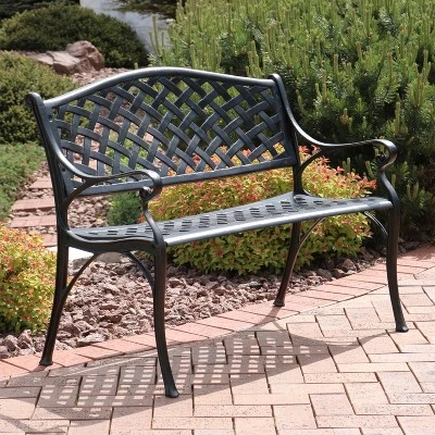 Sunnydaze Decor Sunnydaze 2-Person Checkered Design Cast Aluminum Outdoor Patio Bench, Black 4 Sunnydaze Decor Sunnydaze 2-Person Checkered Design Cast Aluminum Outdoor Patio Bench, Black - Image 2