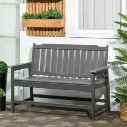 Outsunny Outdoor Bench, 2-Person Park Style Garden Bench With All-Weather HDPE, 704 Lbs. Weight Capacity, Slatted Back & Armrests, Dark Gray