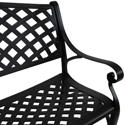 Sunnydaze Decor Sunnydaze 2-Person Checkered Design Cast Aluminum Outdoor Patio Bench, Black 7 Sunnydaze Decor Sunnydaze 2-Person Checkered Design Cast Aluminum Outdoor Patio Bench, Black - Image 5