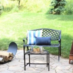 Sunnydaze Decor Sunnydaze 2-Person Checkered Design Cast Aluminum Outdoor Patio Bench, Black 18 Sunnydaze Decor Sunnydaze 2-Person Checkered Design Cast Aluminum Outdoor Patio Bench, Black -Outdoor Furniture Store GUEST 64b6f49a bf21 4455 ad5d 9d901c1c76de