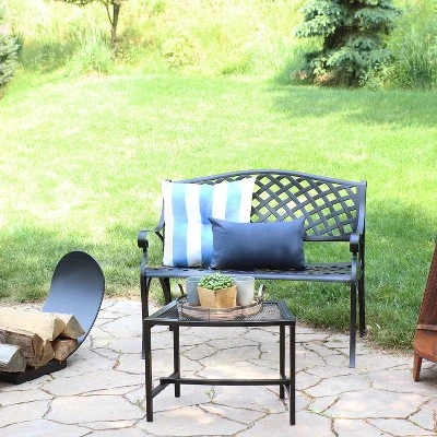 Sunnydaze Decor Sunnydaze 2-Person Checkered Design Cast Aluminum Outdoor Patio Bench, Black 9 Sunnydaze Decor Sunnydaze 2-Person Checkered Design Cast Aluminum Outdoor Patio Bench, Black - Image 7