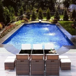 11pc Outdoor Dining Set With Wicker Rattan Chairs & Tempered Glass Ottoman - Brown - Devoko