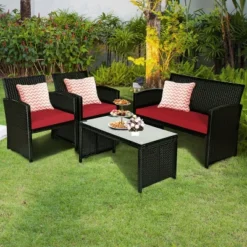 Tangkula 4 Piece Outdoor Patio Rattan Furniture Set Red Cushioned Seat For Garden, Porch, Lawn