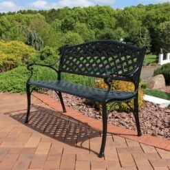 Sunnydaze Decor Sunnydaze 2-Person Checkered Design Cast Aluminum Outdoor Patio Bench, Black 19 Sunnydaze Decor Sunnydaze 2-Person Checkered Design Cast Aluminum Outdoor Patio Bench, Black -Outdoor Furniture Store GUEST 7fa4dc41 91cb 407d 80e5 e4f77acae430
