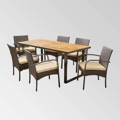 Heron 7pc Rectangular Acacia Wood &Wicker Dining Set - Teak/Brown - Christopher Knight Home 3 Heron 7pc Rectangular Acacia Wood &Wicker Dining Set - Teak/Brown - Christopher Knight Home