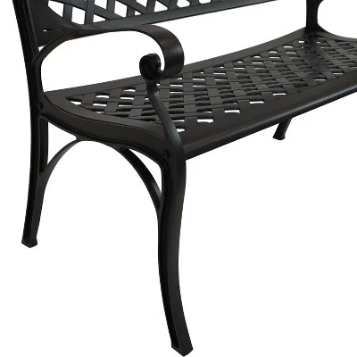 Sunnydaze Decor Sunnydaze 2-Person Checkered Design Cast Aluminum Outdoor Patio Bench, Black 6 Sunnydaze Decor Sunnydaze 2-Person Checkered Design Cast Aluminum Outdoor Patio Bench, Black - Image 4