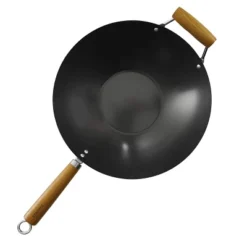 Kenmore Hammond 14 Inch Flat Bottom Carbon Steel Wok In Black With Wooden Handles