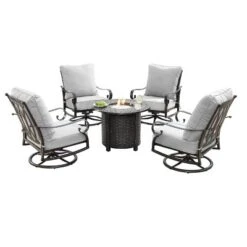 5pc Outdoor Dining Set With 34" Aluminum Round Basket Weave Design Fire Table, Deep Seating Swivel Rocking Chairs & Covers - Oakland Living