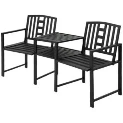 Outsunny Metal Garden Bench With Middle Table And Umbrella Hole, 2-in-1 Double Patio Chairs, Outdoor 2-person Tete-a-Tete, Slatted, Black -Outdoor Furniture Store GUEST d49897ac 96ca 486e 96a9 4c1f364520e0