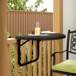 Indoor/Outdoor Foldable Wicker Balcony Table With Metal Frame & Adjustable Clamps - Oakland Living
