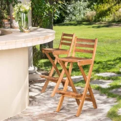 Tundra Set Of 2 Acacia Wood Folding Patio Bar Chair - Natural - Christopher Knight Home