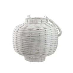 Kaemingk 17.5" Beach Day Weathered White Woven Wood Pillar Candle Lantern