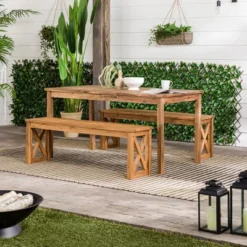 New Arrival 17 3pc Acacia Wood X Design Outdoor Patio Dining Set - Brown - Saracina Home