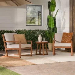 New Arrival 3 Saracina Home 3pc Modern Slat-Back Acacia Outdoor Conversation Set With Cushions